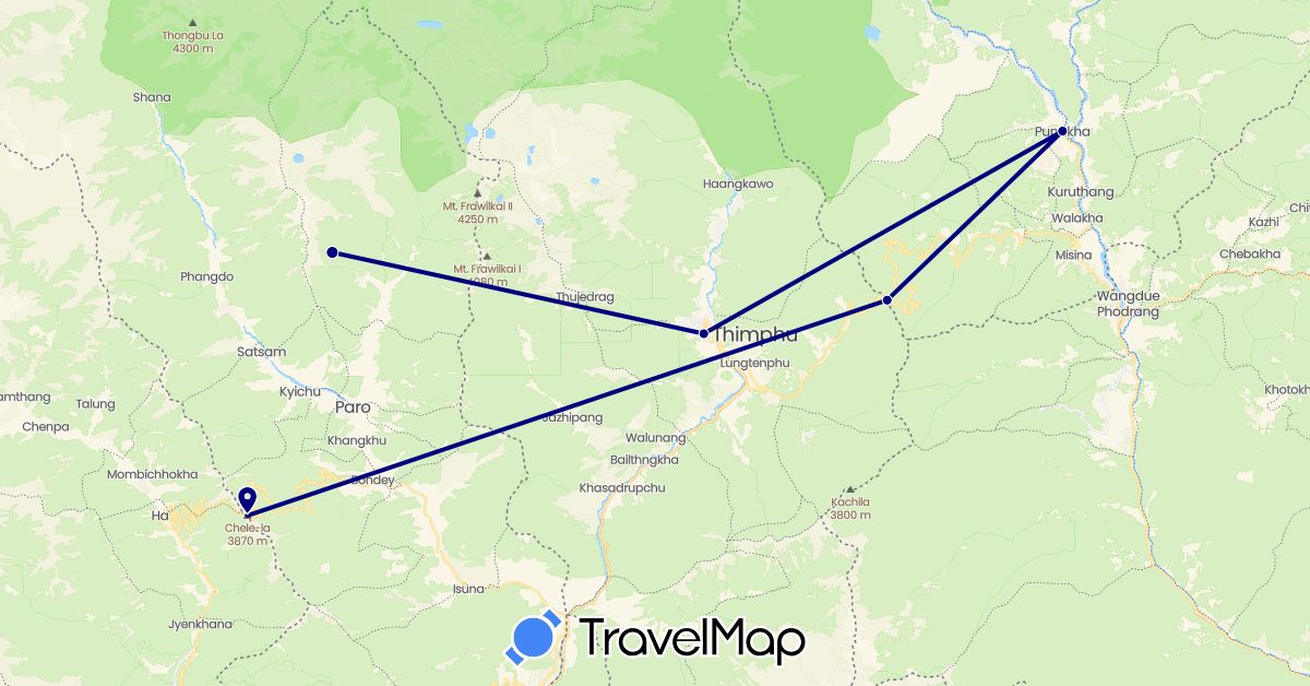 TravelMap itinerary: driving in Bhutan (Asia)